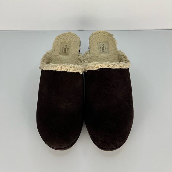 CROCS Sarah Leather Clogs Shearling Lined Mules Brown Shoes Womens Size 8 - Picture 12 of 12